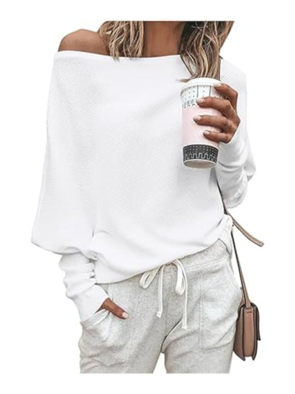 Off Shoulder Boat Neck Loose Knit Batwing Sweater Pullover Long Sleeve